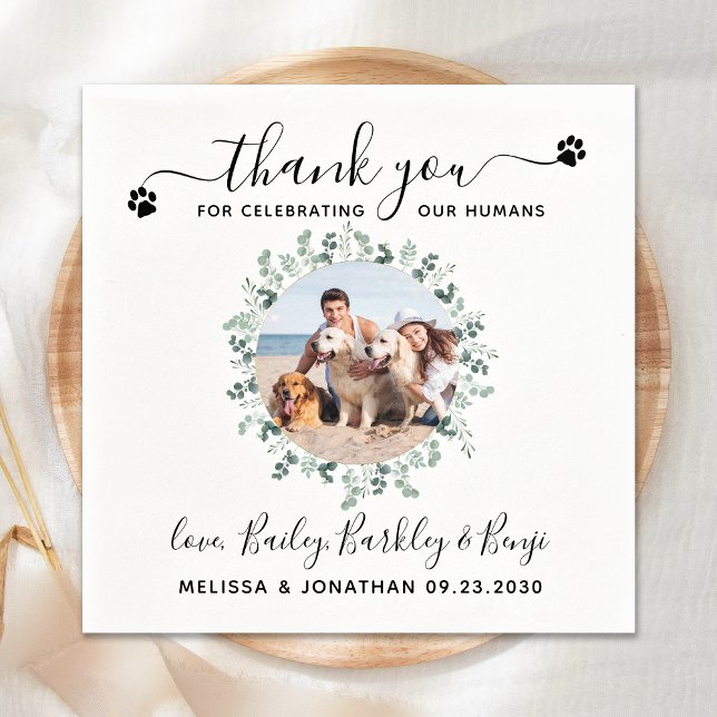 Eucalyptus Custom Dog Photo Thank You Pet Wedding Napkin (Creator Uploaded)