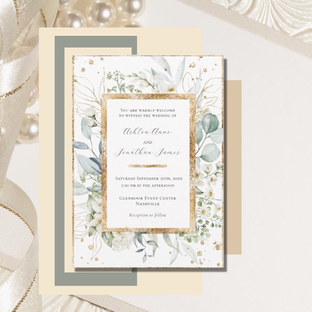 Eucalyptus Daisies Gold Elegant Wedding Invitation (Creator Uploaded)