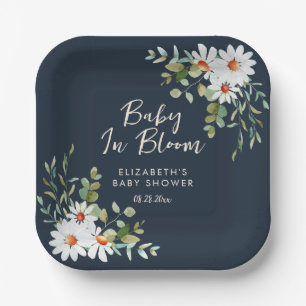 Eucalyptus & Daisy Navy Blue Baby Shower Paper Plate