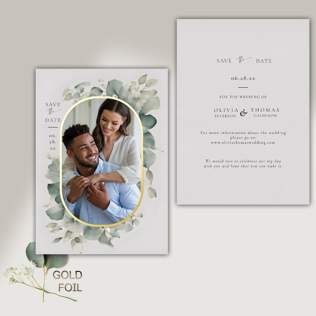 Eucalyptus Dreamy Gold Photo Wedding Save the Date (modern minimalist simple wedding save the date typography calligraphy eucalyptus greenery gold frame)