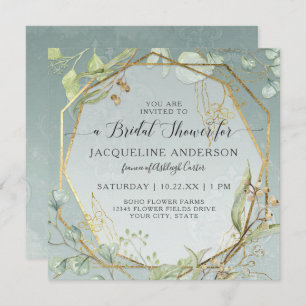 Eucalyptus Dusty Blue Gold Hexagon Bridal Shower I Invitation