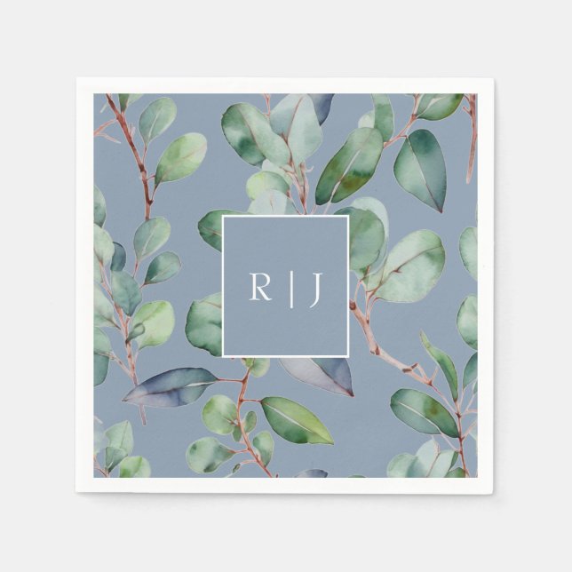 Eucalyptus Dusty Blue Monogram Greenery Wedding Napkin (Front)