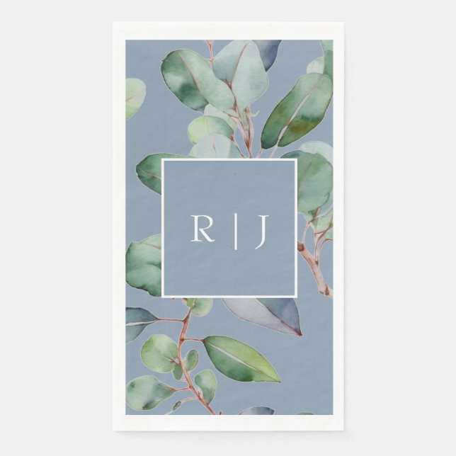 Eucalyptus Dusty Blue Monogram Greenery Wedding Napkin (Front)