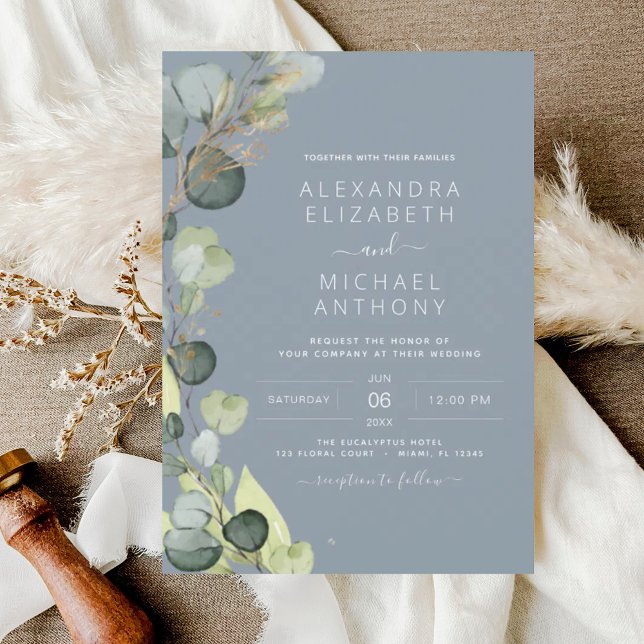 Eucalyptus Dusty Blue Sage Green Gold Wedding Invitation (Creator Uploaded)