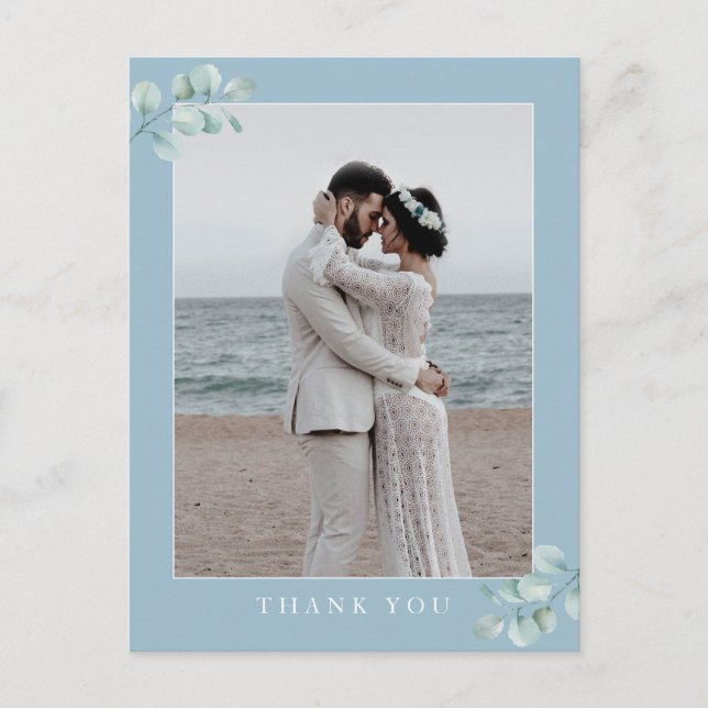 Eucalyptus Dusty Blue Wedding Photo Thank You Postcard (Front)
