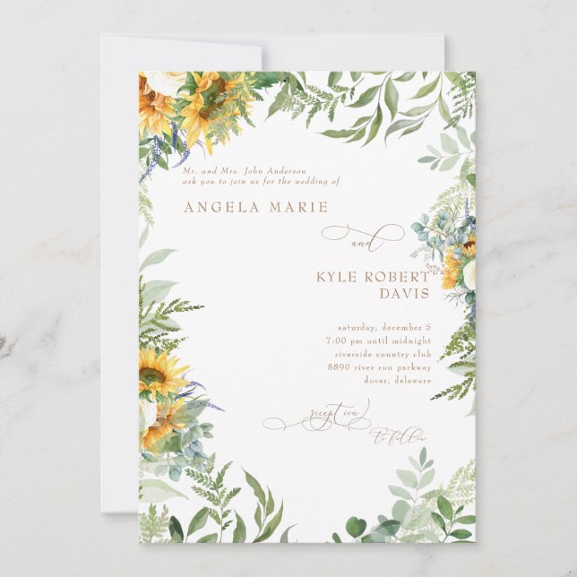  Eucalyptus Elegance Sunflower White Wedding Invitation (Front)