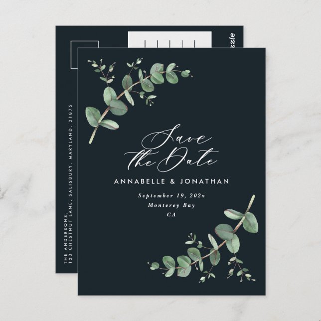 Eucalyptus elegant black wedding save the date postcard (Front/Back)