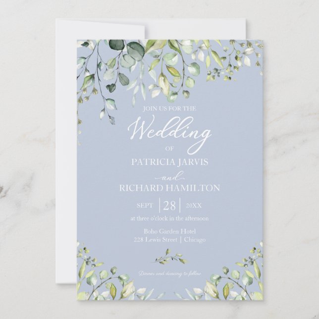 Eucalyptus Elegant Greenery Wedding Dusty Blue Invitation (Front)
