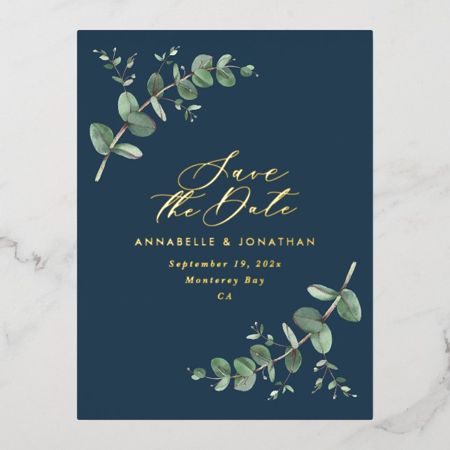 Eucalyptus elegant modern wedding save the date foil holiday postcard (Front)