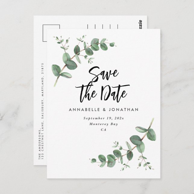 Eucalyptus elegant modern wedding save the date po postcard (Front/Back)