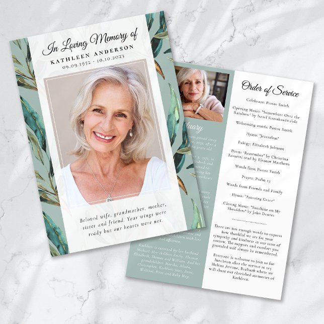 Eucalyptus Elegant Pattern Photo Funeral Program (Creator Uploaded)