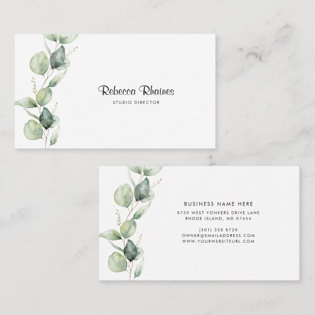 Eucalyptus Elegant Script Greenery Beauty Salon Business Card (Front/Back)