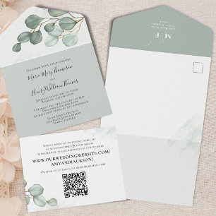 Eucalyptus Elegant Watercolor Foliage QR Code All In One Invitation