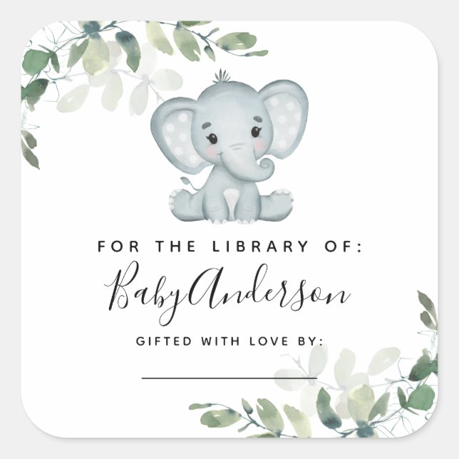 Eucalyptus Elephant Baby Shower Bookplate  Square Sticker (Front)