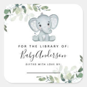 Eucalyptus Elephant Baby Shower Bookplate  Square Sticker
