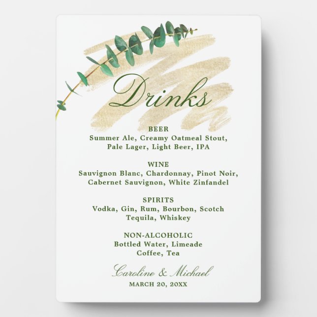 Eucalyptus, Emerald, and Gold Drinks Menu Plaque (Front)