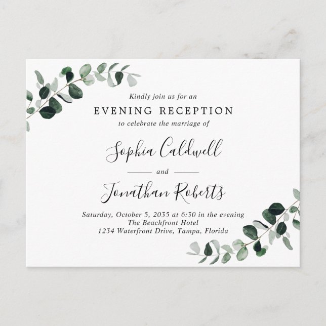 Eucalyptus Evening Wedding Reception Invitation Postcard (Front)