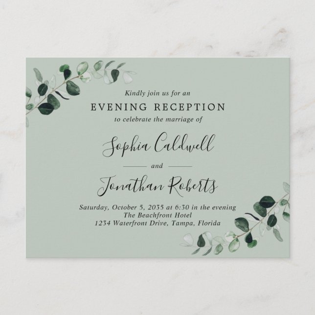 Eucalyptus Evening Wedding Reception Invitation Postcard (Front)