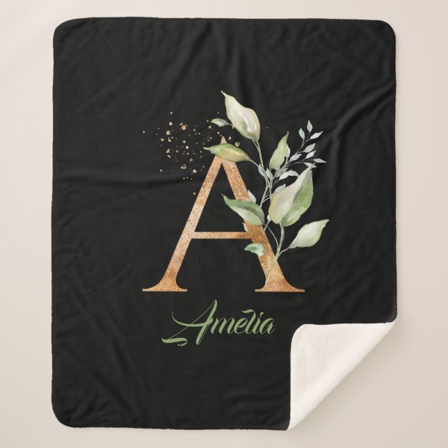 eucalyptus, faux gold foil glitter, green and gold sherpa blanket (Front)