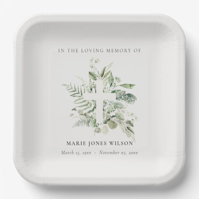 Eucalyptus Fern Fauna Cross Memorial Sympathy Paper Plate (Front)
