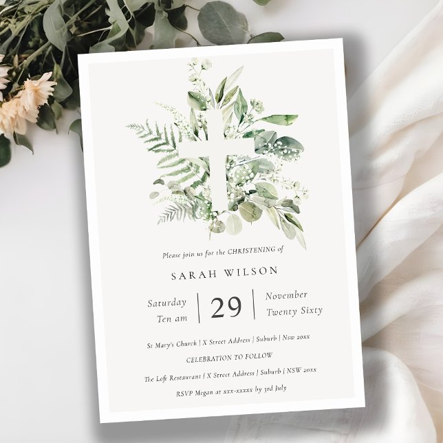 Eucalyptus Fern Foliage Cross Christening Invite (Creator Uploaded)