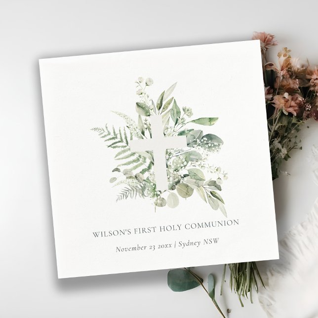 Eucalyptus Fern Foliage Cross First Holy Communion Napkin (Creator Uploaded)