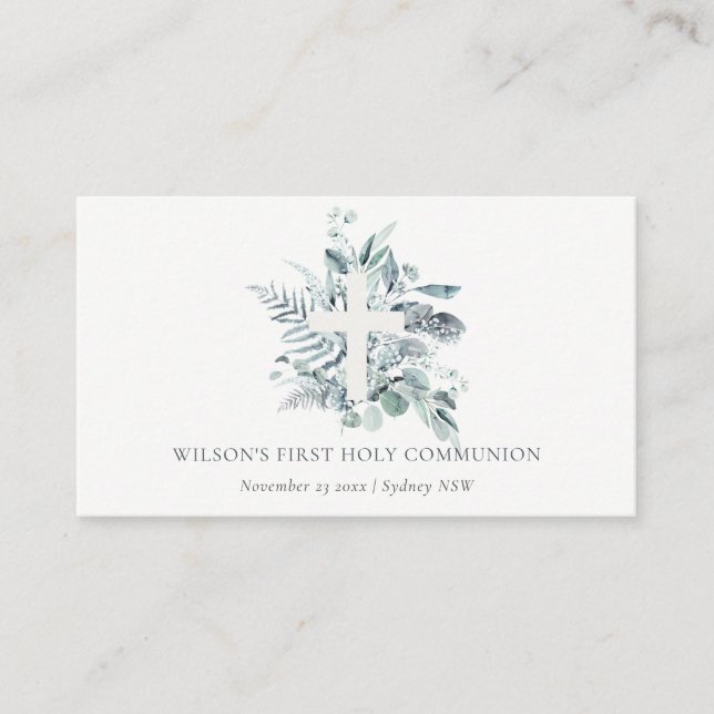 Eucalyptus Fern Foliage Cross First Holy Communion Place Card (Front)
