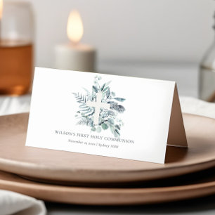Eucalyptus Fern Foliage Cross First Holy Communion Place Card