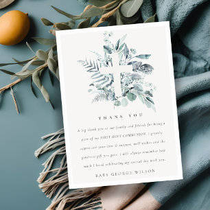 Eucalyptus Fern Foliage Cross First Holy Communion Thank You Card