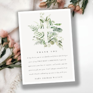 Eucalyptus Fern Foliage Cross First Holy Communion Thank You Card
