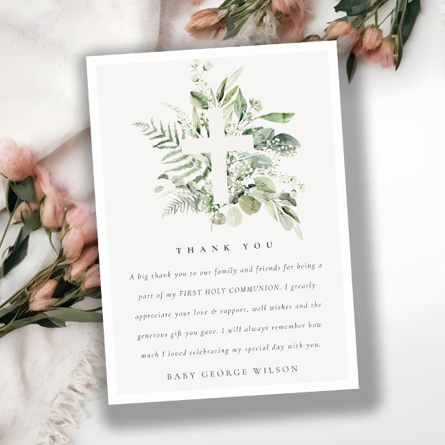 Eucalyptus Fern Foliage Cross First Holy Communion Thank You Card (Creator Uploaded)