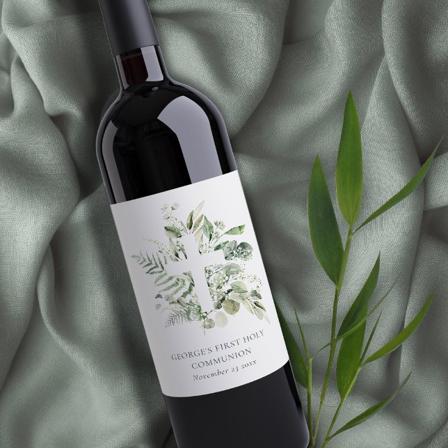 Eucalyptus Fern Foliage Cross First Holy Communion Wine Label (Creator Uploaded)