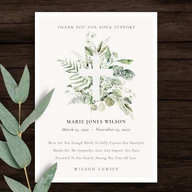 Eucalyptus Fern Foliage Cross Memorial Service Thank You Card (Creator Uploaded)