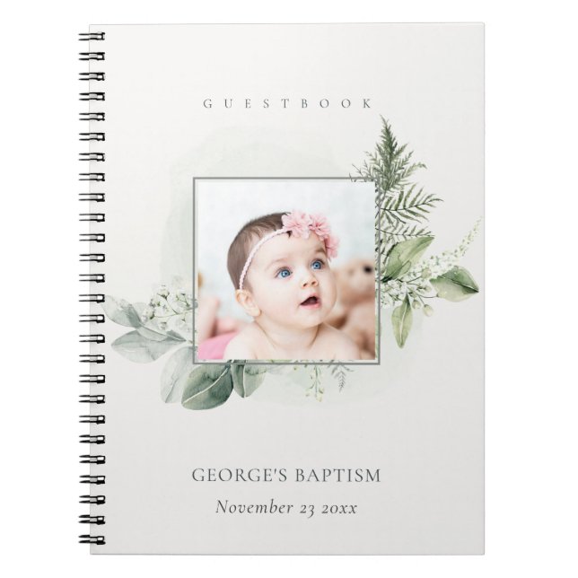 Eucalyptus Fern Foliage Photo Baptism Guestbook Notebook (Front)