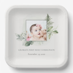 Eucalyptus Fern Foliage Photo First Holy Communion Paper Plate