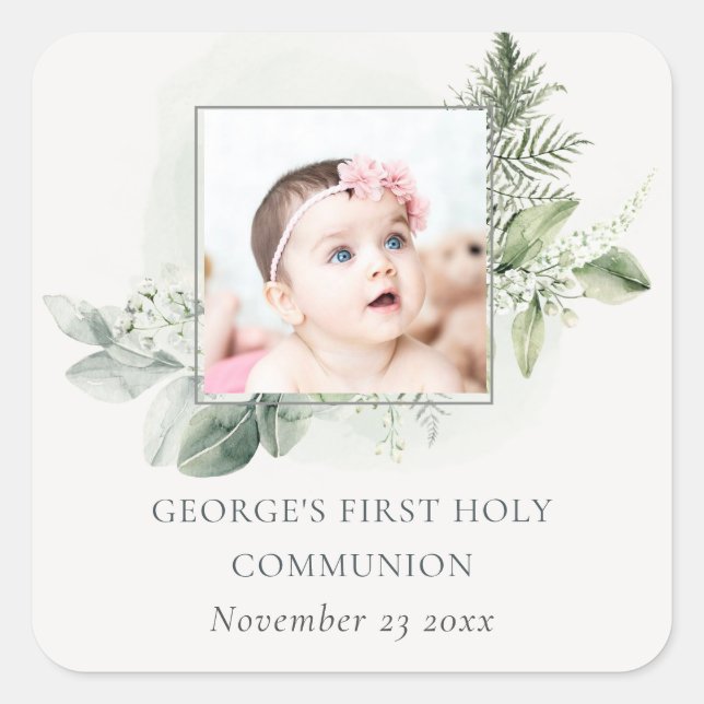 Eucalyptus Fern Foliage Photo First Holy Communion Square Sticker (Front)