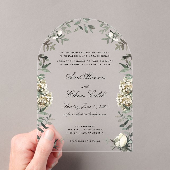 Eucalyptus Ferns White Flowers Archway Wedding  Acrylic Invitations (Insitu (Handheld))