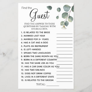 Eucalyptus Find the Guest Bridal shower game card