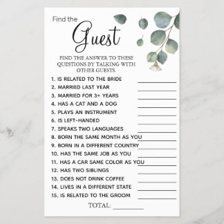 Eucalyptus Find the Guest Bridal shower game card