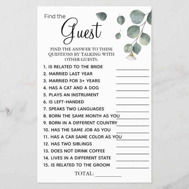 Eucalyptus Find the Guest Bridal shower game card (Front)