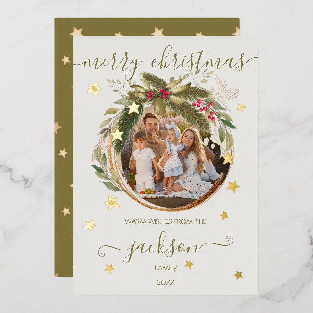 Eucalyptus & fir Christmas wreath gold stars photo Foil Holiday Card (Front/Back)