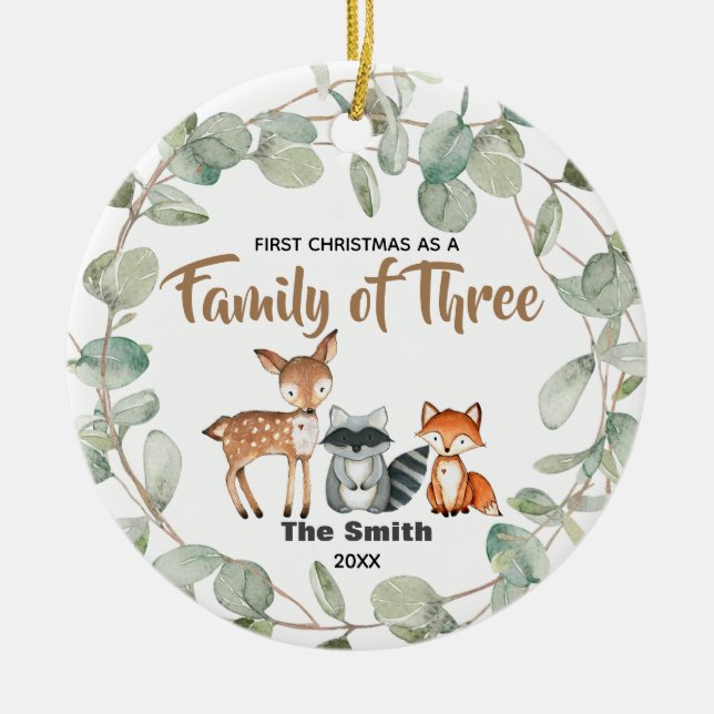 Eucalyptus First Christmas as a Family of 3 Ceramic Ornament (Front)