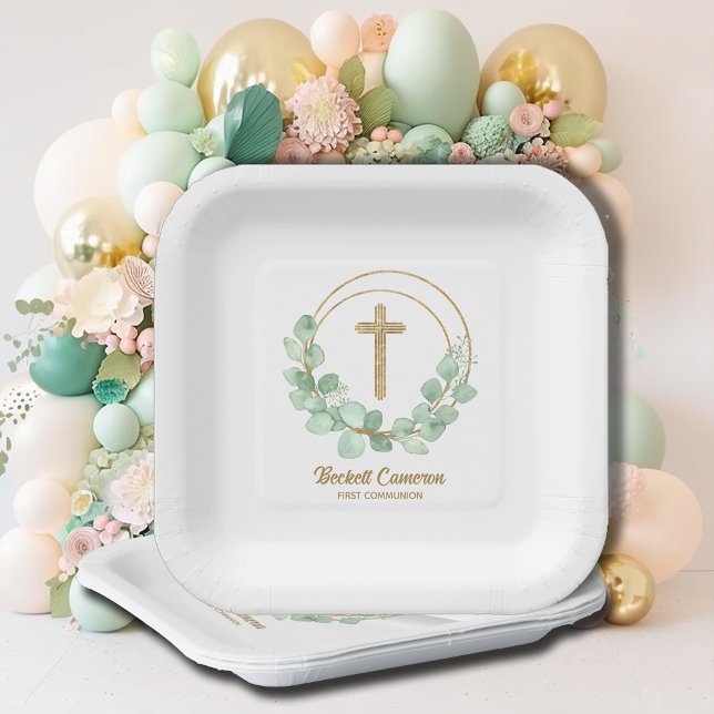 Eucalyptus First Communion Gold Cross Paper Plate (Creator Uploaded)