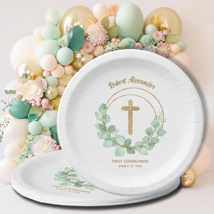 Eucalyptus First Communion Gold Cross Paper Plate