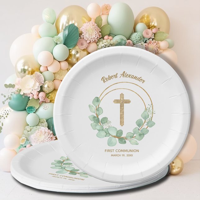 Eucalyptus First Communion Gold Cross Paper Plate (Creator Uploaded)