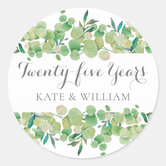 Eucalyptus Floral 25th Anniversary Classic Round Sticker (Front)