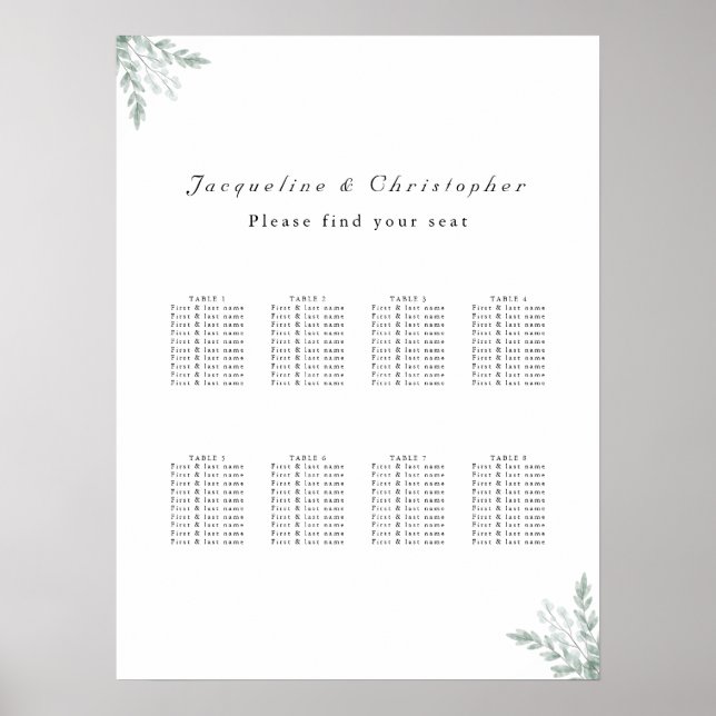 Eucalyptus Floral 8 Table Wedding Seating Chart (Front)