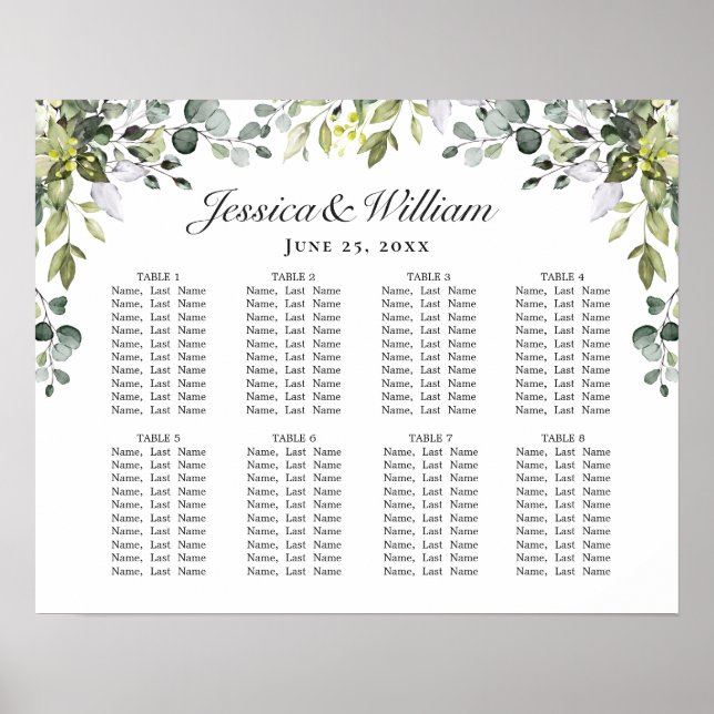 Eucalyptus Floral 8 Tables Wedding SEATING CHART (Front)
