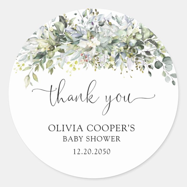 Eucalyptus Floral Baby Shower  Classic Round Sticker (Front)