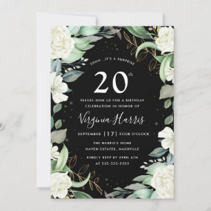 Eucalyptus Floral Black Twenty 20th Birthday Invitation